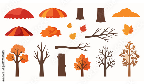 Autumn tree parts and fall foliage elements vector set for seasonal design and decoration