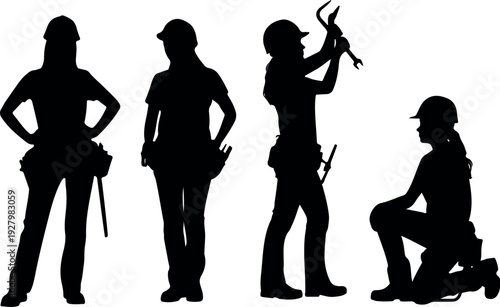 Female Construction Worker Silhouette Set Builder Woman Vector Illustration with Repair Tools Labor Occupation Industrial Workforce Design