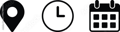 Minimal Vector Icon Set Featuring Calendar, Clock, and Location Pin Symbols for Event Planning, Meeting Agendas, Invitations, and Posters
