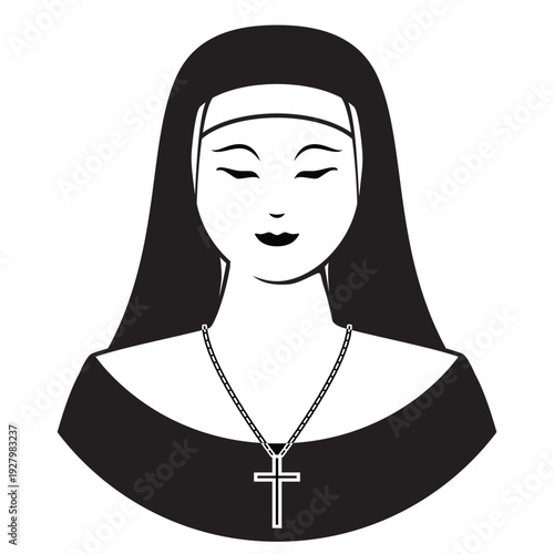 Line art illustration vector of beautiful lady dress in Christian nun formal uniform drawing in black and white
