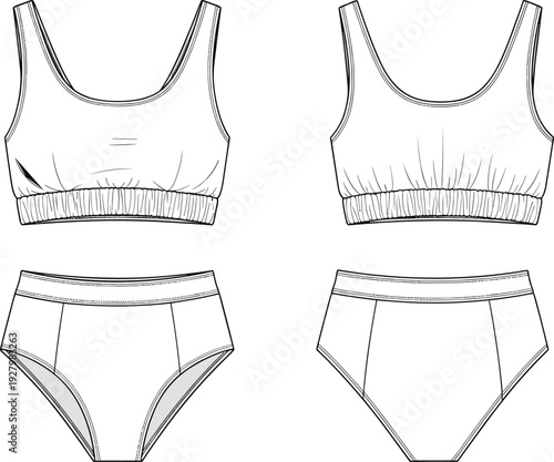 Women sports bra and briefs outline vector set, line art underwear collection isolated on white background fashion template