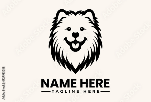 A black and white illustration of a dog's head with a customizable name and tagline on a plain background, featuring a vector logo design.
