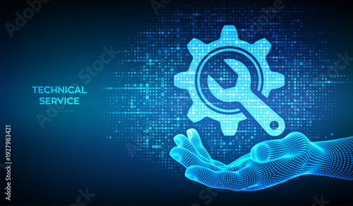 Technical service. Wrench and gear icon made with binary code in wireframe hand. Technical assistance. Customer help. Online tech support. Digital code background with digits 1.0. Vector Illustration.