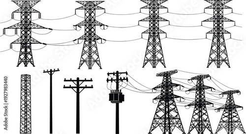High voltage electricity transmission towers set, electric power pylons and utility poles vector silhouettes isolated on white background