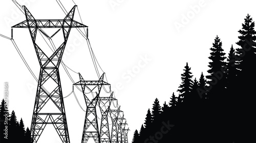 High voltage power transmission towers in forest landscape, electric pylons perspective vector silhouette isolated on white background