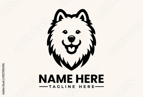 Quadro su tela Black and white vector illustration of a dog's head with a customizable name and tagline on a plain background, featuring a logo and pictogram design