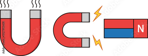 Horseshoe magnet vector set, magnetic field attraction and repulsion illustration isolated on white background physics science concept