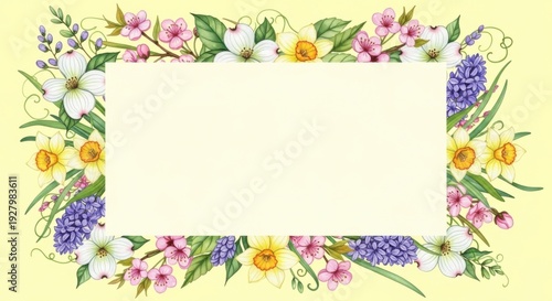 Rectangular frame made of colorful spring flowers like daffodils and hyacinths with central copy space