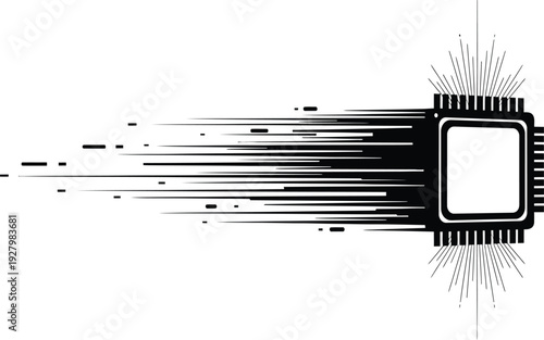 silhouette of a GPU chip with dynamic, abstract speed lines and radiating energy bursts emanating from its core, symbolizing high performance, a clean white background