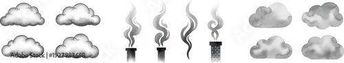 Cloud and smoke vector icon collection. Includes white clouds, gray clouds, and smoke plumes from chimneys. Created in flat and gradient styles with a grayscale palette.