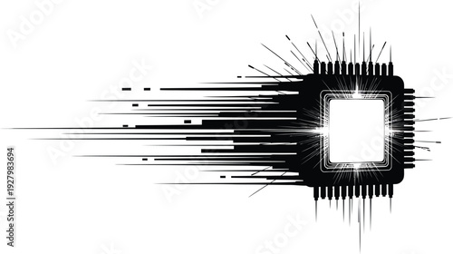 silhouette of a GPU chip with dynamic, abstract speed lines and radiating energy bursts emanating from its core, symbolizing high performance, a clean white background