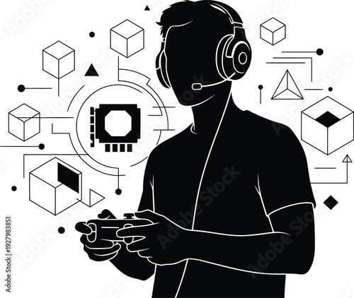 silhouette of a person wearing a gaming headset and holding a controller, surrounded by abstract geometric digital environment elements, with a subtle GPU shape integrated, a clean white background
