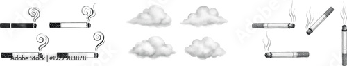 Cigarette and smoke vector icon collection. Includes burning cigarettes, lit cigarettes, and smoke clouds. Created in a flat style with a gray and white color palette.
