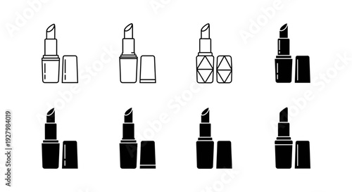 A collection of diverse lipstick icons showcasing different styles and fillings in black and white outlines.
