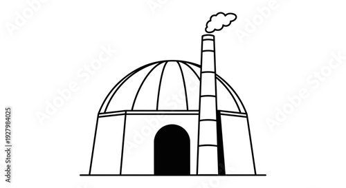 A simple black and white line drawing of a dome-shaped building with a tall, smoking chimney.