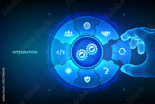 Integration data system. Industrial smart technology. System Integration concept. Business automation solutions. Hand places an element into a composition visualizing Integration. Vector illustration.