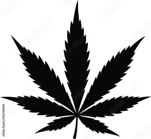 A black silhouette of a cannabis leaf on a white background