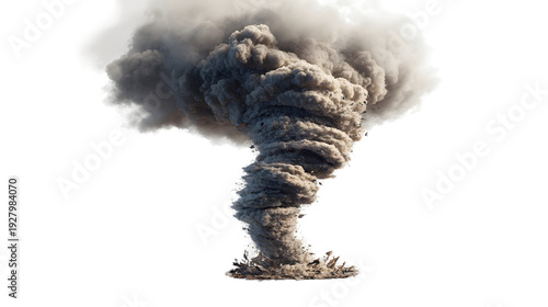 Powerful Tornado Vortex with Swirling Debris and Thick Smoke Clouds Isolated on Transparent Background, Natural Disaster Cyclone Concept