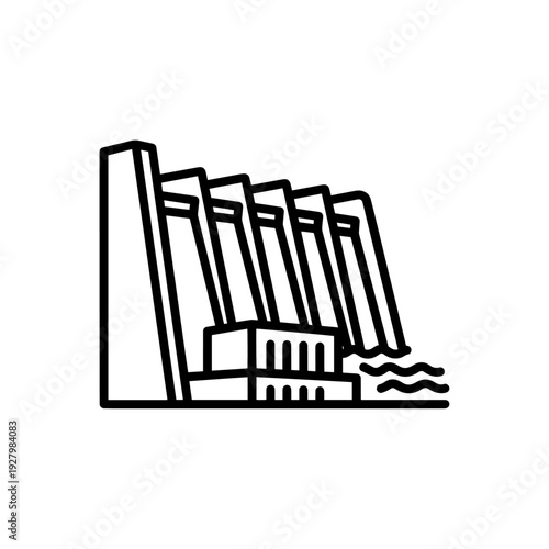 Clean line art vector of a hydroelectric dam, symbolizing renewable energy and industrial power generation.
