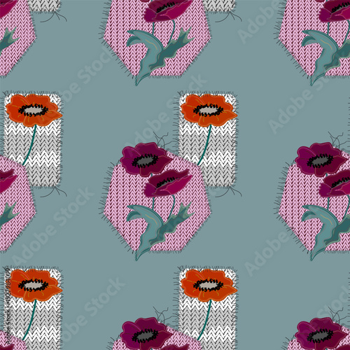 Seamless pattern with hand-stitched applique poppies and leaves 