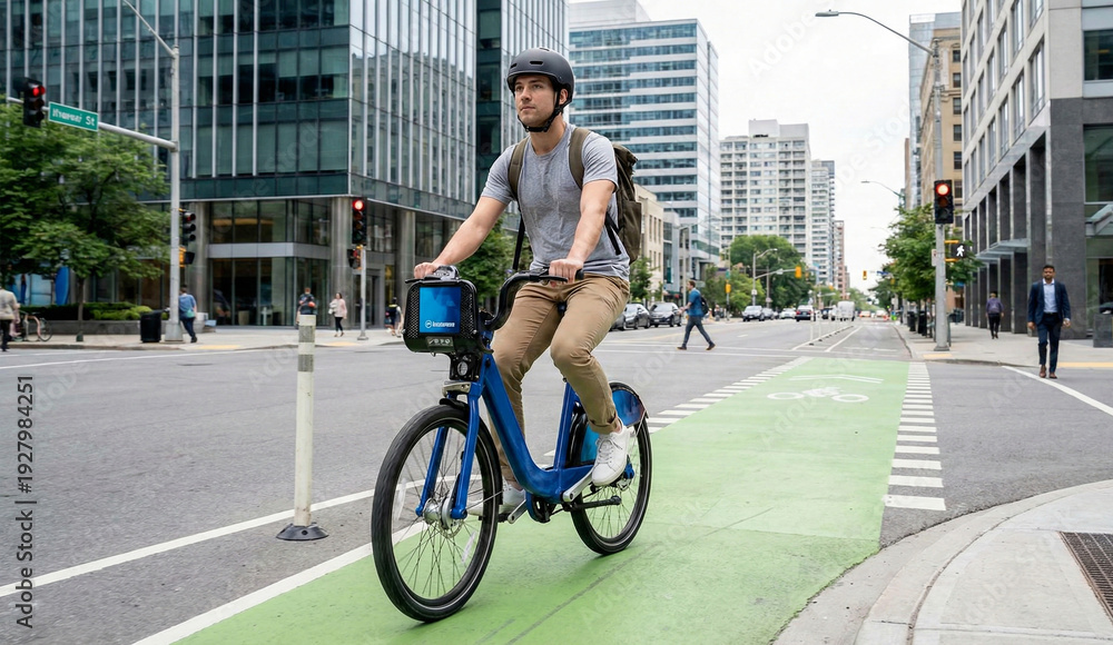 Naklejka premium Young man in helmet riding electric bike on dedicated green city lane.