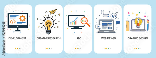 Creative Digital Agency Services Flat Icon Set. Development SEO Web Design Graphic Icons Collection. Modern Business Process Icons for Web Solutions.