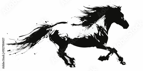 Dynamic black ink wash painting of a horse in motion