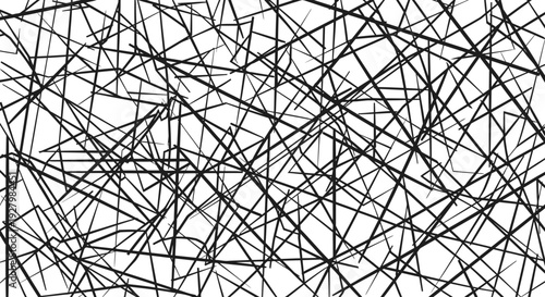 An intricate and abstract pattern composed of randomly intersecting thin black lines creating a dynamic texture.