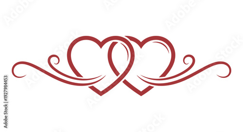 Two intricately intertwined red hearts adorned with elegant decorative flourishes symbolize love and connection.