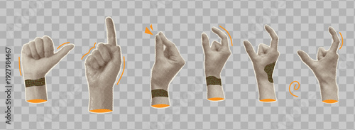 Art collage hand emoji gestures set. Various halftone hands signs vintage dotted stickers