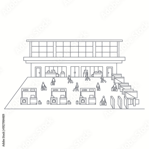 Airport terminal interior with passengers and check-in desks
