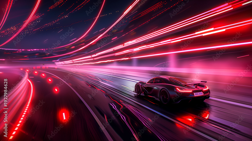 Fototapeta premium High-Speed Racing Car on Modern Racetrack at Night with Dynamic Light Trails