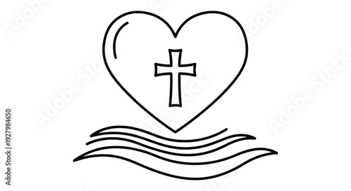 An outline of a heart containing a Christian cross, resting above three undulating waves, signifying faith and baptism.