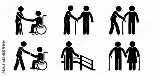 Accessibility pictograms depicting people with mobility aids and assistance