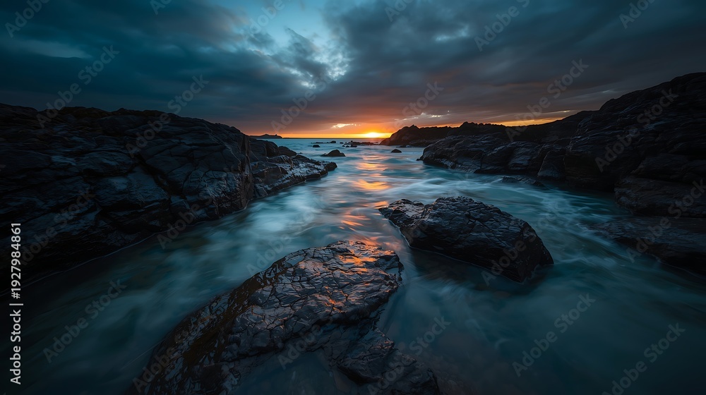 Obraz premium A dramatic sunset sky glows over a rocky coastline where ocean waves crash against stones and cliffs along the horizon of a beautiful nature landscape seascape