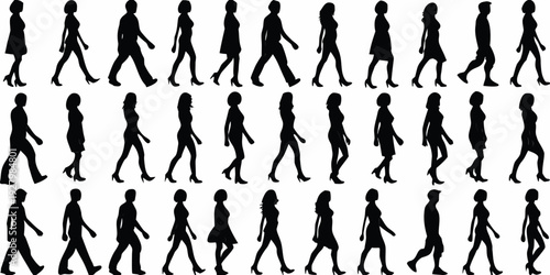 A collection of black silhouettes depicting people in various walking poses