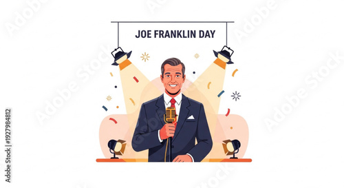 Joe Franklin Day Retro Talk Show Host Man with Vintage Microphone Stage Vector Illustration
