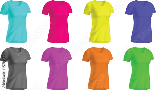 Collection of Eight Colorful T-Shirts, Apparel Mockup, Flat Design Vector Illustration