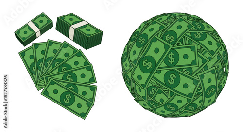 A playful and abstract depiction of green dollar bills arranged as stacks, a fan, and a crumpled sphere.
