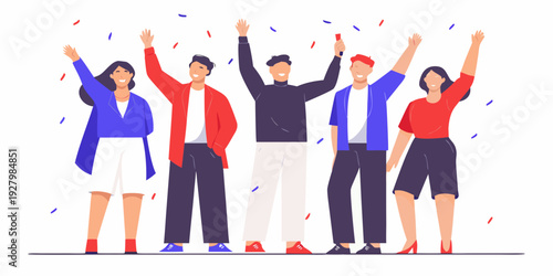 Group of diverse people celebrating with arms raised and confetti falling