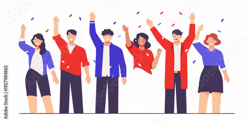 Celebratory group of people raising hands amidst falling confetti