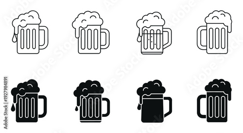 A collection of eight beer mugs in both outline and solid black styles, all overflowing with foamy heads.