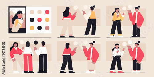 Abstract illustration of people interacting with digital screens and colorful dots