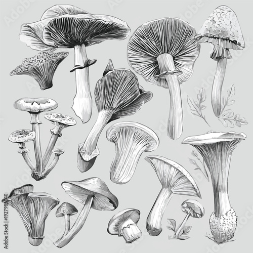 Create a Collection of line art edible mushrooms vector art of white background