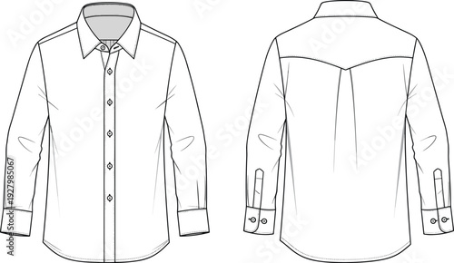 Men long sleeve button shirt outline vector, front and back view fashion technical drawing isolated on white background