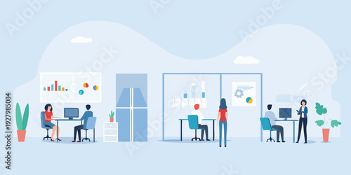 Modern office workspace with people collaborating and using computers