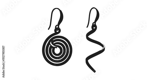 Two distinct black silhouette earrings, one circular spiral and the other a vertical winding design.