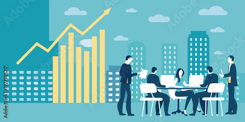 Business professionals discussing growth strategies in a modern cityscape