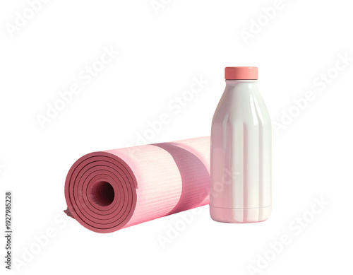 Pink rolled yoga mat and white reusable water bottle for fitness and healthy lifestyle