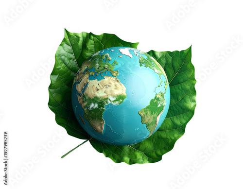 Planet earth rests gently on vibrant green leaf symbolizing nature preservation and ecological balance for future generations